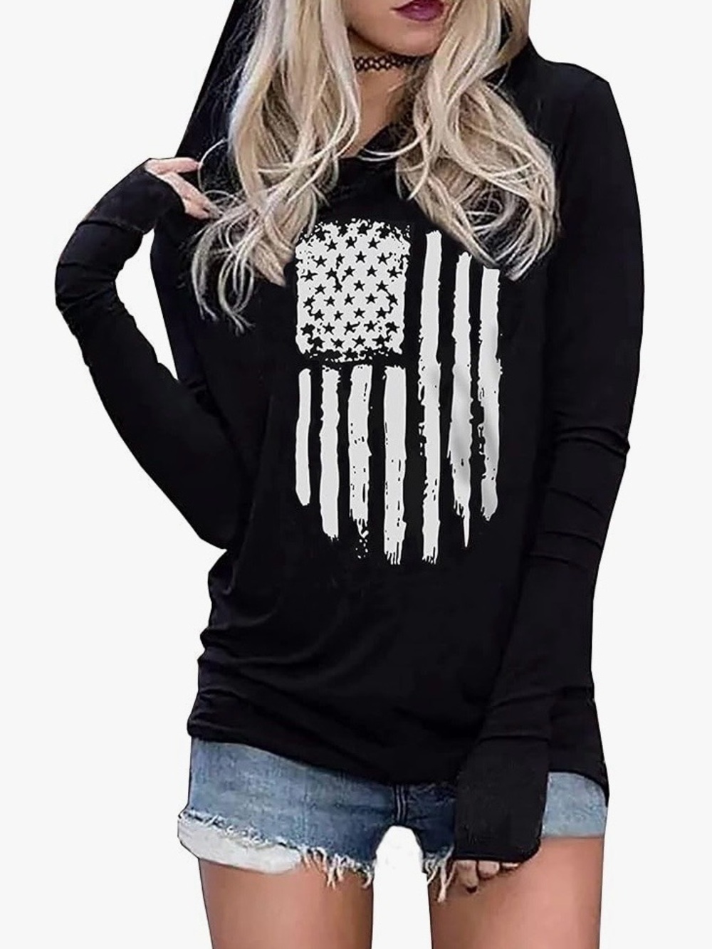 Black Women's Hoodie Top with Distressed Flag Graphic